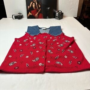 Vintage Mandal Bay Ramie Cotton Paisley Sweater Vest Denim Collar Cottage L